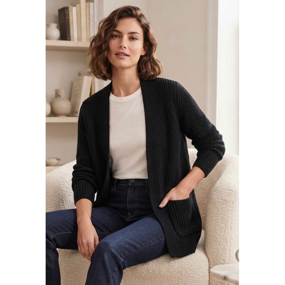 Madewell Womens Black Ribbed Open Front Cardigan Sweater with Pockets Size S